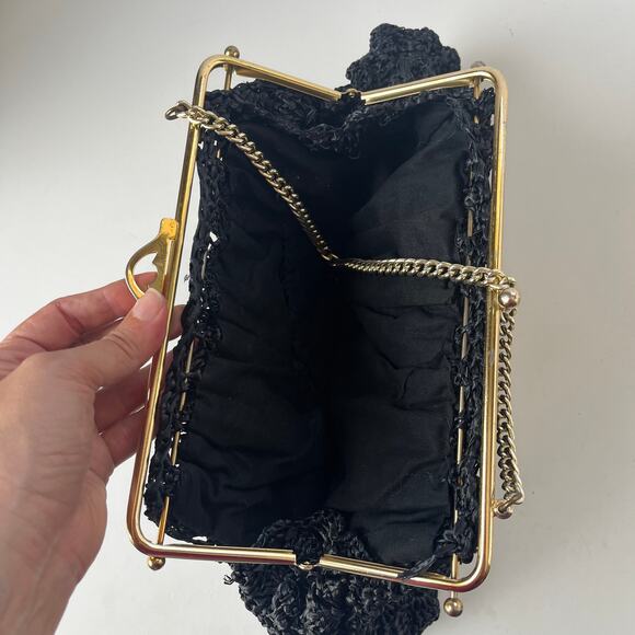 Macrame or Knit Strawy Weave Evening Bag Purse Black Gold Chain Retro Glam - Picture 9 of 12